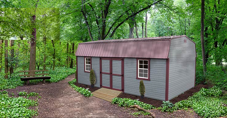 Mini Barn shed with amestown Red color Dutchlap siding, pequea tan color Trim and doors, Shiny Black color Roof